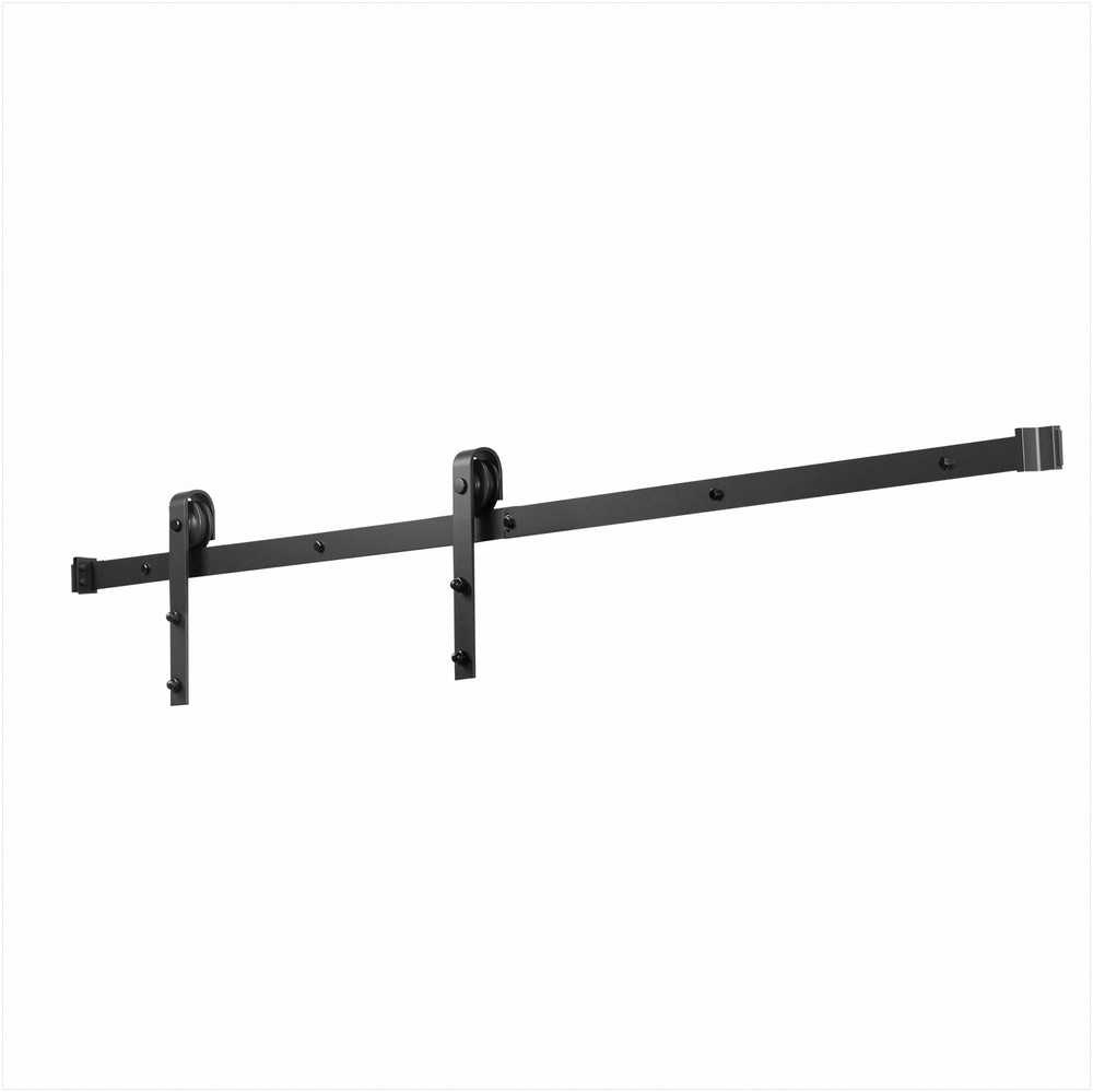 Stumdomų svirno tipo durų apkaustų rinkinys vienerioms durims iki 102 cm pločio, patvarus anglinio plieno bėgelis su J formos ritinėliais, juoda 2m stumdomų durų sistema, bėgių komplektas