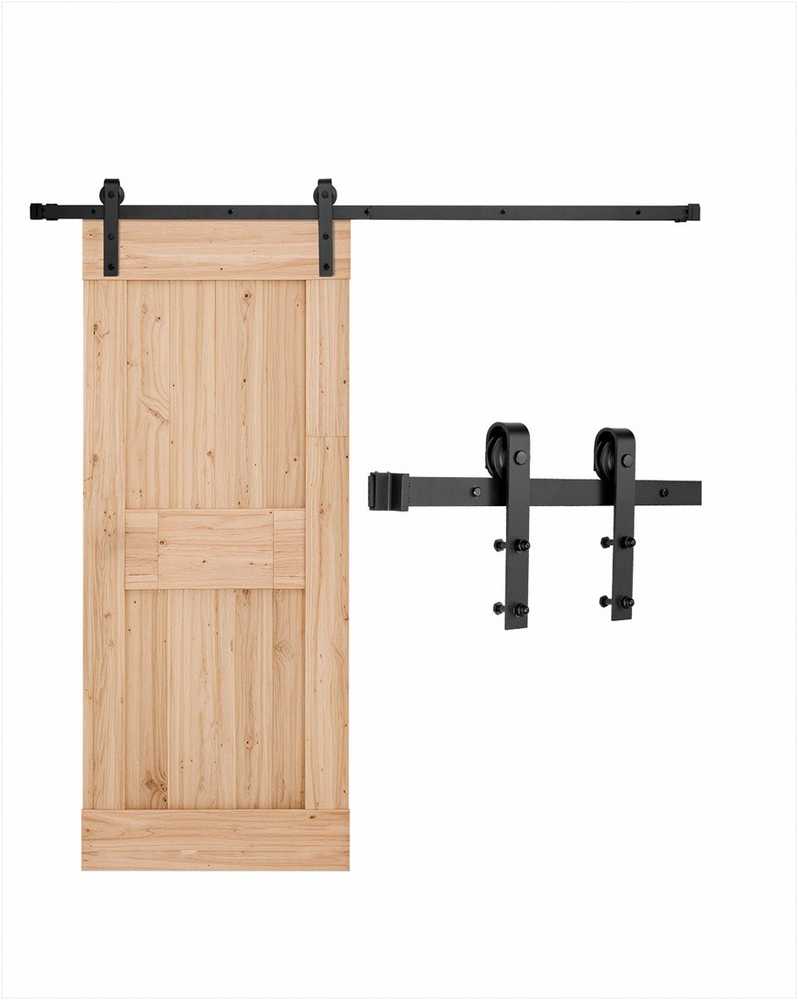 Stumdomų svirno tipo durų apkaustų rinkinys vienerioms durims iki 102 cm pločio, patvarus anglinio plieno bėgelis su J formos ritinėliais, juoda 2m stumdomų durų sistema, bėgių komplektas