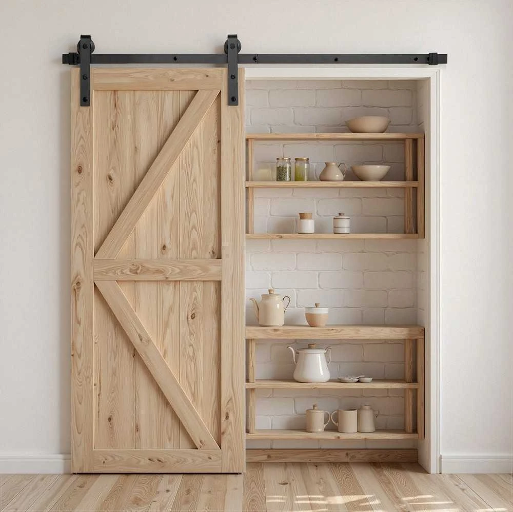 Stumdomų svirno tipo durų furnitūros rinkinys vienguboms durims, patvarus anglinis plienas, rūdims atspari juoda apdaila, 1500 mm bėgelis, 150 kg apkrova, stumdomų durų mechanizmas, durų bėgelių sistema