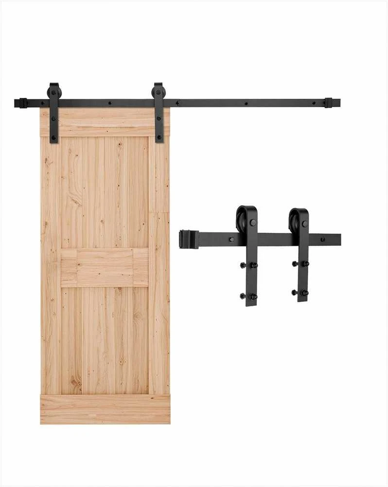 Stumdomų svirno tipo durų furnitūros rinkinys vienguboms durims, patvarus anglinis plienas, rūdims atspari juoda apdaila, 1500 mm bėgelis, 150 kg apkrova, stumdomų durų mechanizmas, durų bėgelių sistema
