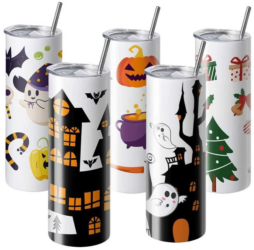 Sublimacijos stiklinės 50 vnt., 20 oz nerūdijančio plieno, dvigubos sienelės, su šiaudeliu, dangteliu, šepetėliu, pagrindu, termo plėvele, dovanų dėžute - Termo puodeliai, Gertuvės, Dovanoms