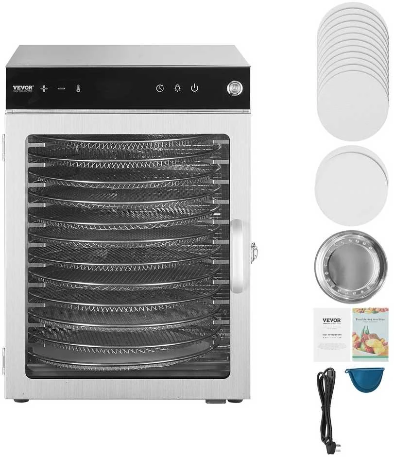 Sukamasis maisto džiovintuvas 12 padėklų, 800W, nerūdijančio plieno, vaisių, daržovių, mėsos džiovyklė, reguliuojama temperatūra, laikmatis