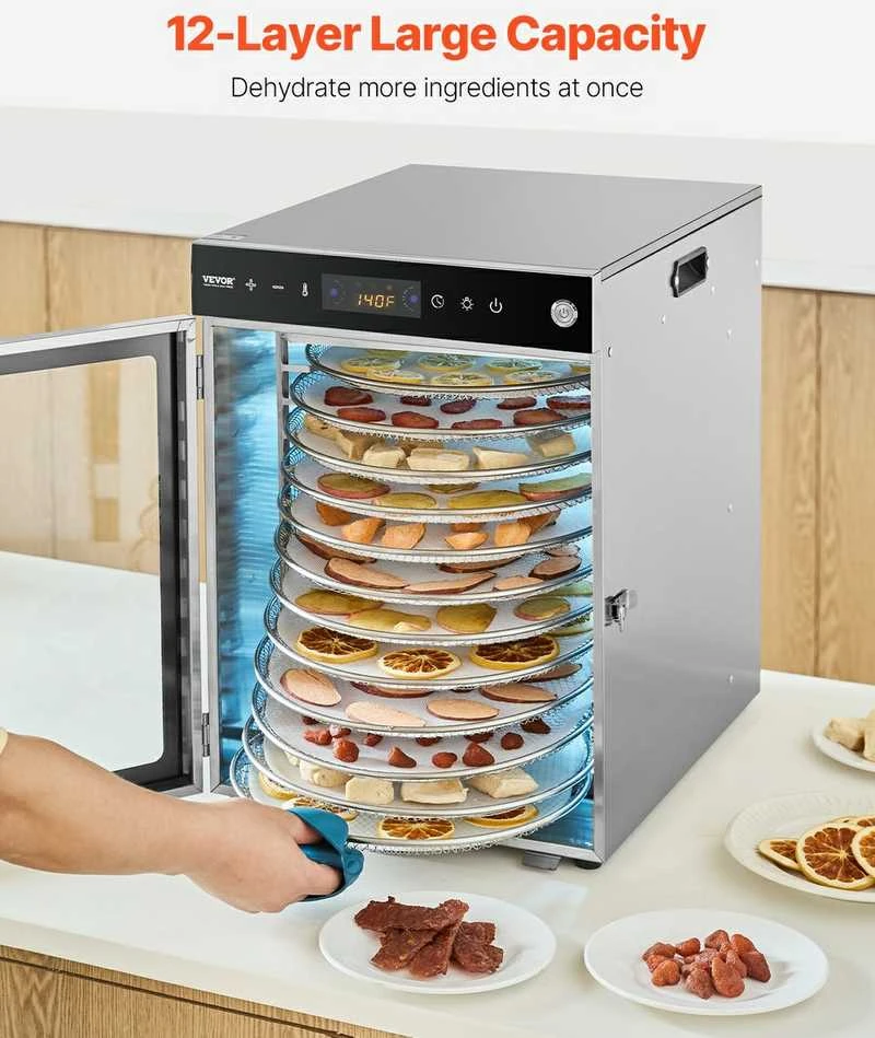 Sukamasis maisto džiovintuvas 12 padėklų, 800W, nerūdijančio plieno, vaisių, daržovių, mėsos džiovyklė, reguliuojama temperatūra, laikmatis