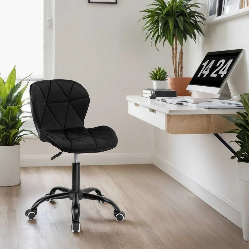Sukamoji kėdė su ratukais Spiner Juodas, juodo aksomo, 360° pasukama, reguliuojamo aukščio, ergonomiška biuro / darbo / kompiuterio kėdė