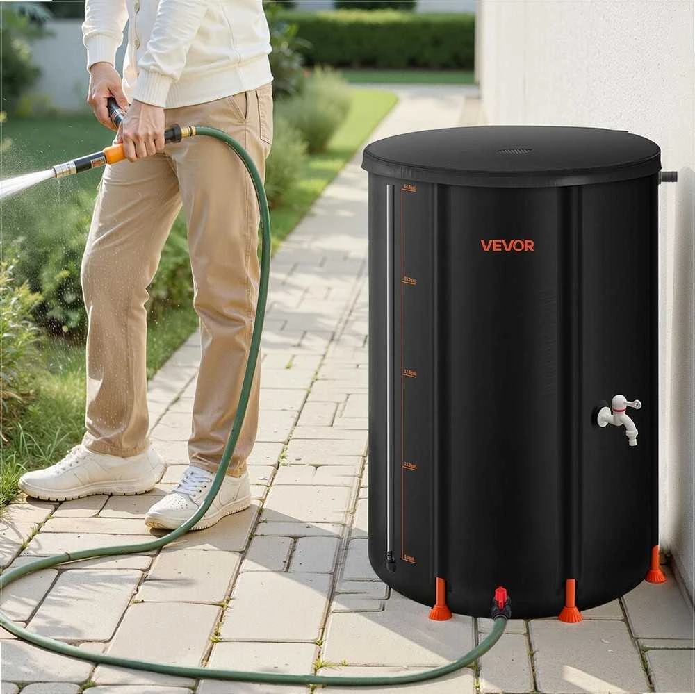 Sulankstoma lietaus statinė 250 litrų nešiojama vandens surinkimo talpa, juoda 500D PVC sodo vandens gaudyklė, lietaus vandens saugojimo konteineris, nešiojama lietaus statinė 250L, sodo laistymo įranga