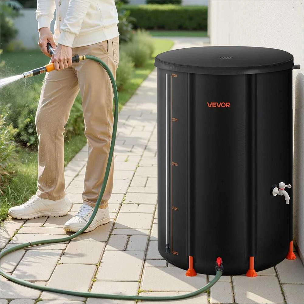 Sulankstoma lietaus statinė, 380 L nešiojama lietaus vandens surinkimo sistema, 1000D PVC sodo vandens talpa su čiaupu ir perpildymo rinkiniu, juoda, vandens rezervuaras