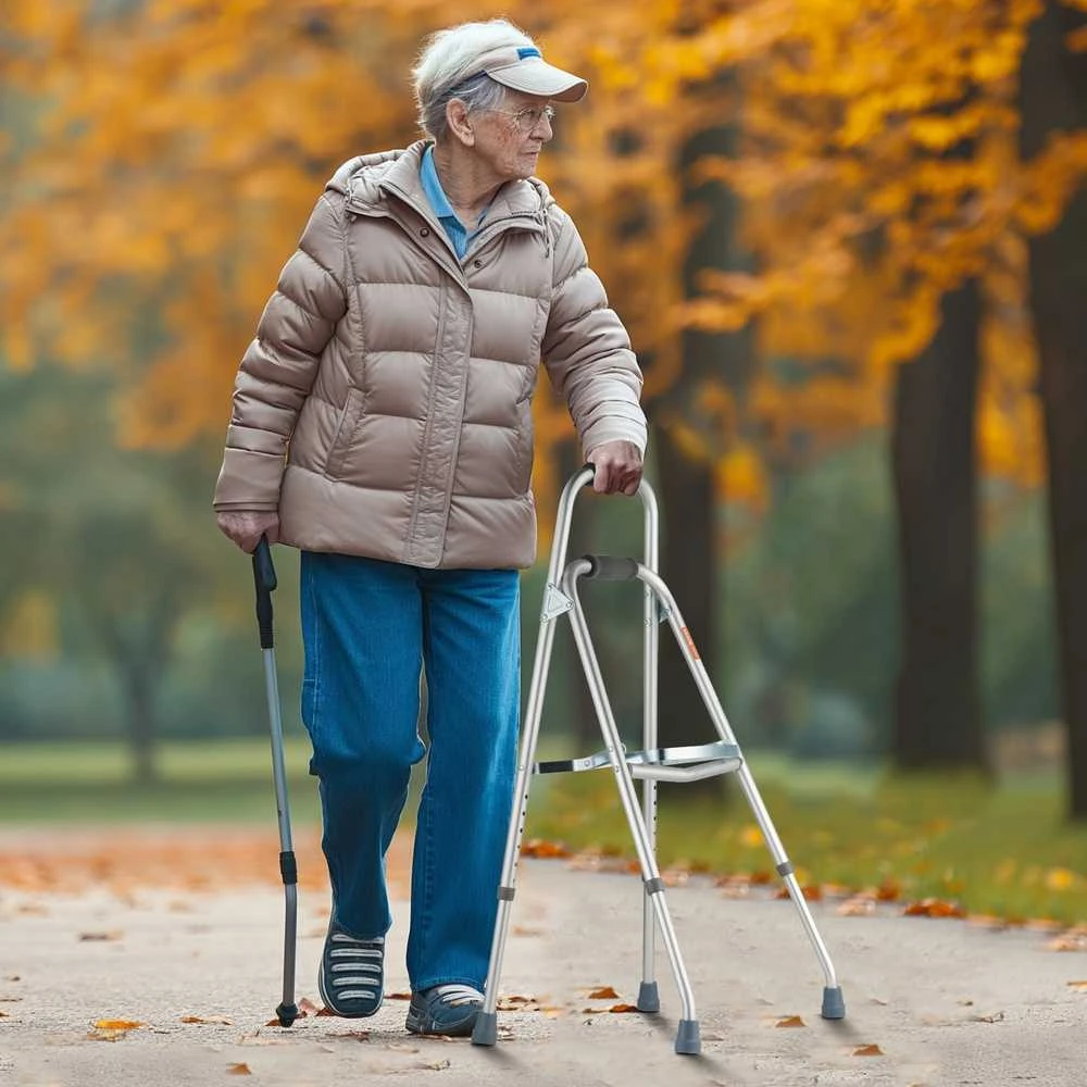 Sulankstoma pusiau vaikštynė senjorams, reguliuojamo aukščio mobilumo priemonė, lengva sulankstoma vaikštynė, vaikštynė su viena rankena