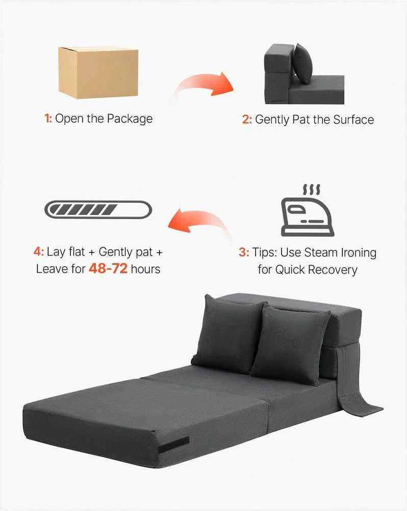 Sulankstoma sofa-lova, trys viename sulankstoma lova su 2 pagalvėmis ir plaunamu užvalkalu, transformuojama fotelis-lova, futono sofa svetainei ir miegamajam, tamsiai pilka vienvietė lova