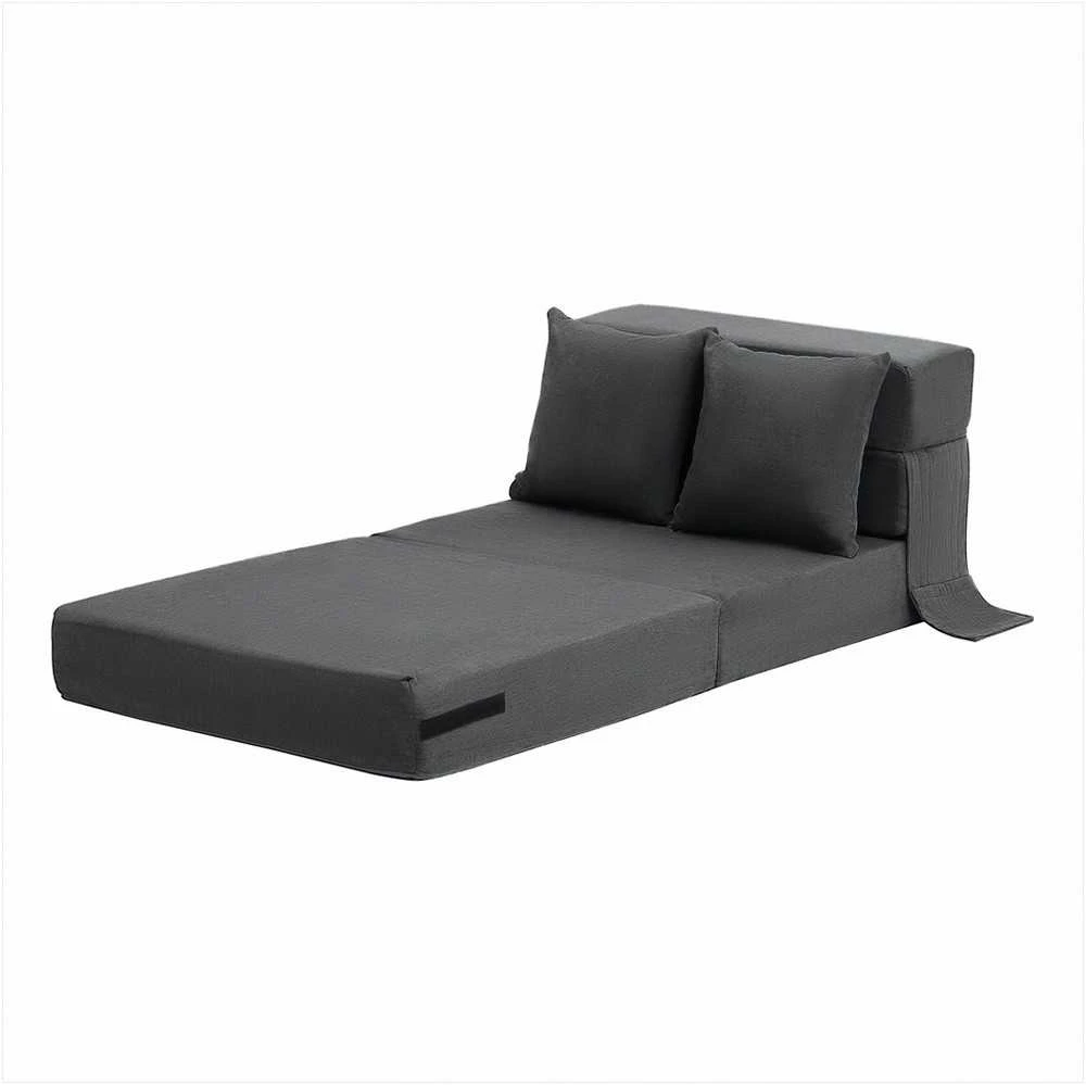 Sulankstoma sofa-lova, trys viename sulankstoma lova su 2 pagalvėmis ir plaunamu užvalkalu, transformuojama fotelis-lova, futono sofa svetainei ir miegamajam, tamsiai pilka vienvietė lova