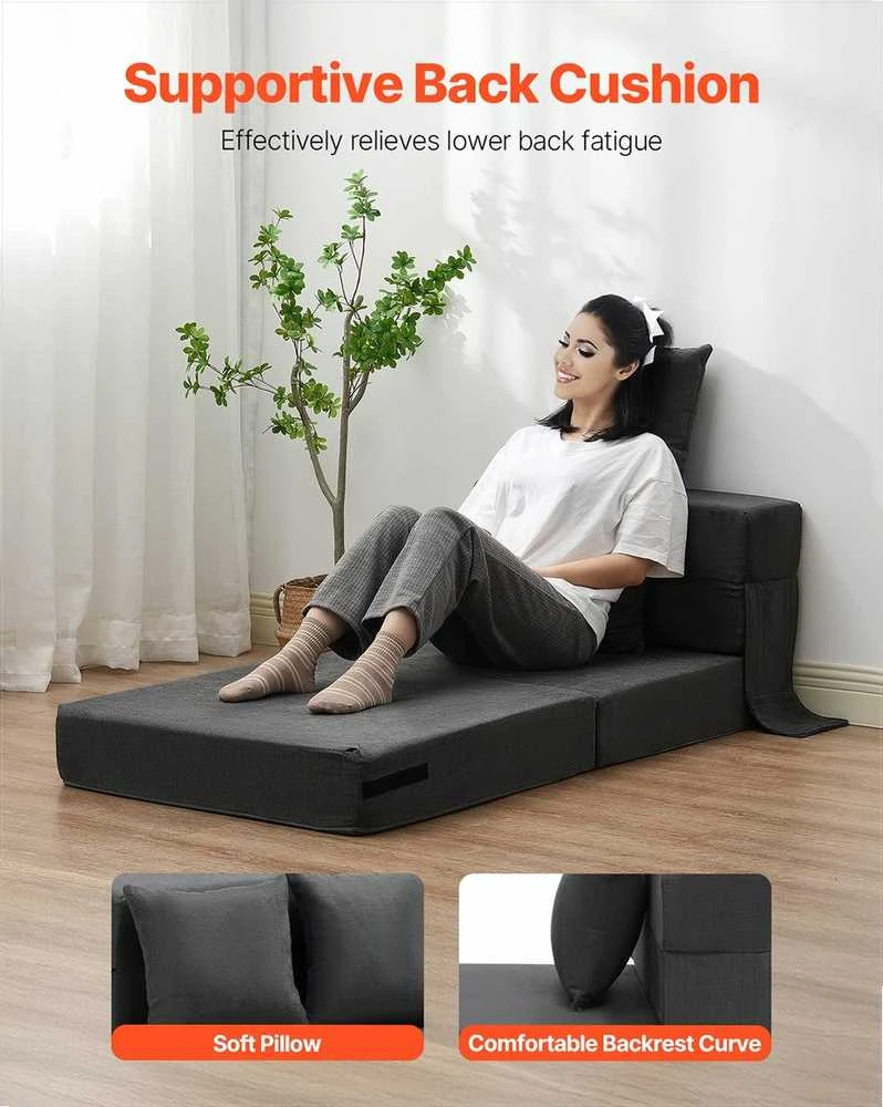 Sulankstoma sofa-lova, trys viename sulankstoma lova su 2 pagalvėmis ir plaunamu užvalkalu, transformuojama fotelis-lova, futono sofa svetainei ir miegamajam, tamsiai pilka vienvietė lova