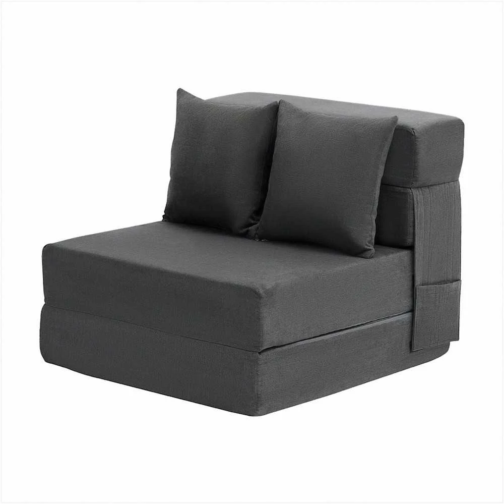 Sulankstoma sofa-lova, trys viename sulankstoma lova su 2 pagalvėmis ir plaunamu užvalkalu, transformuojama fotelis-lova, futono sofa svetainei ir miegamajam, tamsiai pilka vienvietė lova