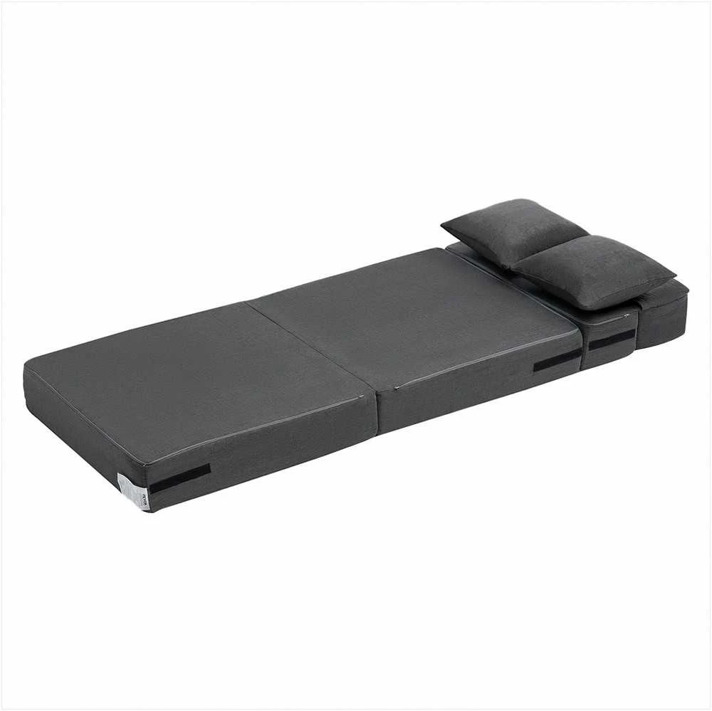 Sulankstoma sofa-lova, trys viename sulankstoma lova su 2 pagalvėmis ir plaunamu užvalkalu, transformuojama fotelis-lova, futono sofa svetainei ir miegamajam, tamsiai pilka vienvietė lova