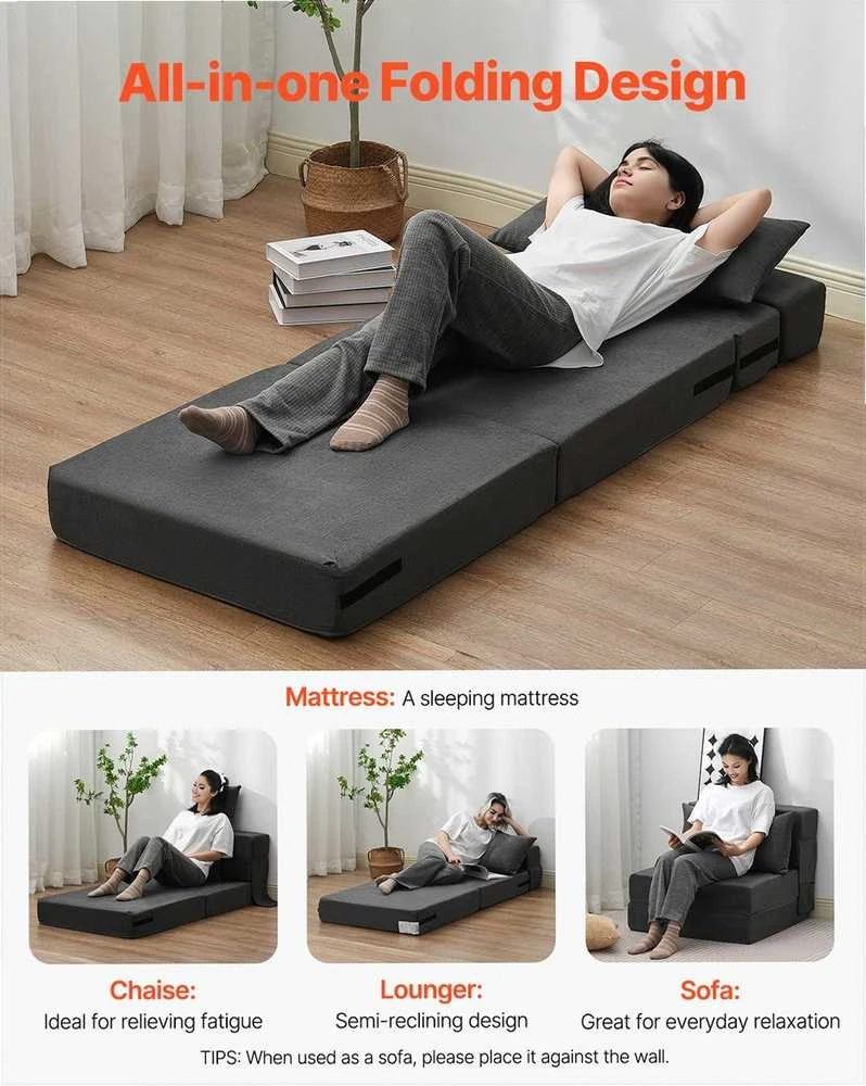 Sulankstoma sofa-lova, trys viename sulankstoma lova su 2 pagalvėmis ir plaunamu užvalkalu, transformuojama fotelis-lova, futono sofa svetainei ir miegamajam, tamsiai pilka vienvietė lova