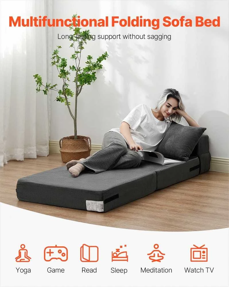 Sulankstoma sofa-lova, trys viename sulankstoma lova su 2 pagalvėmis ir plaunamu užvalkalu, transformuojama fotelis-lova, futono sofa svetainei ir miegamajam, tamsiai pilka vienvietė lova