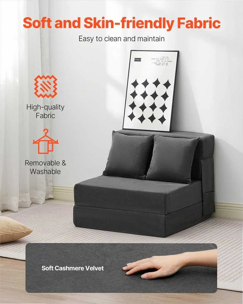 Sulankstoma sofa-lova, trys viename sulankstoma lova su 2 pagalvėmis ir plaunamu užvalkalu, transformuojama fotelis-lova, futono sofa svetainei ir miegamajam, tamsiai pilka vienvietė lova