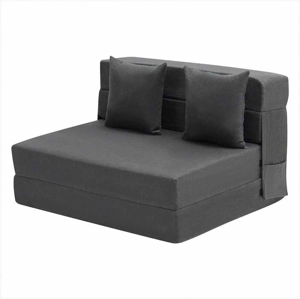 Sulankstoma sofa-lova, „trys viename“ transformuojamas miegamasis fotelis su 2 pagalvėmis ir plaunamu užvalkalu, 25D atminties putų futonas svetainei ir miegamajam, tamsiai pilka, svečių lova