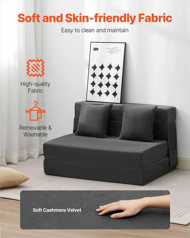 Sulankstoma sofa-lova, „trys viename“ transformuojamas miegamasis fotelis su 2 pagalvėmis ir plaunamu užvalkalu, 25D atminties putų futonas svetainei ir miegamajam, tamsiai pilka, svečių lova