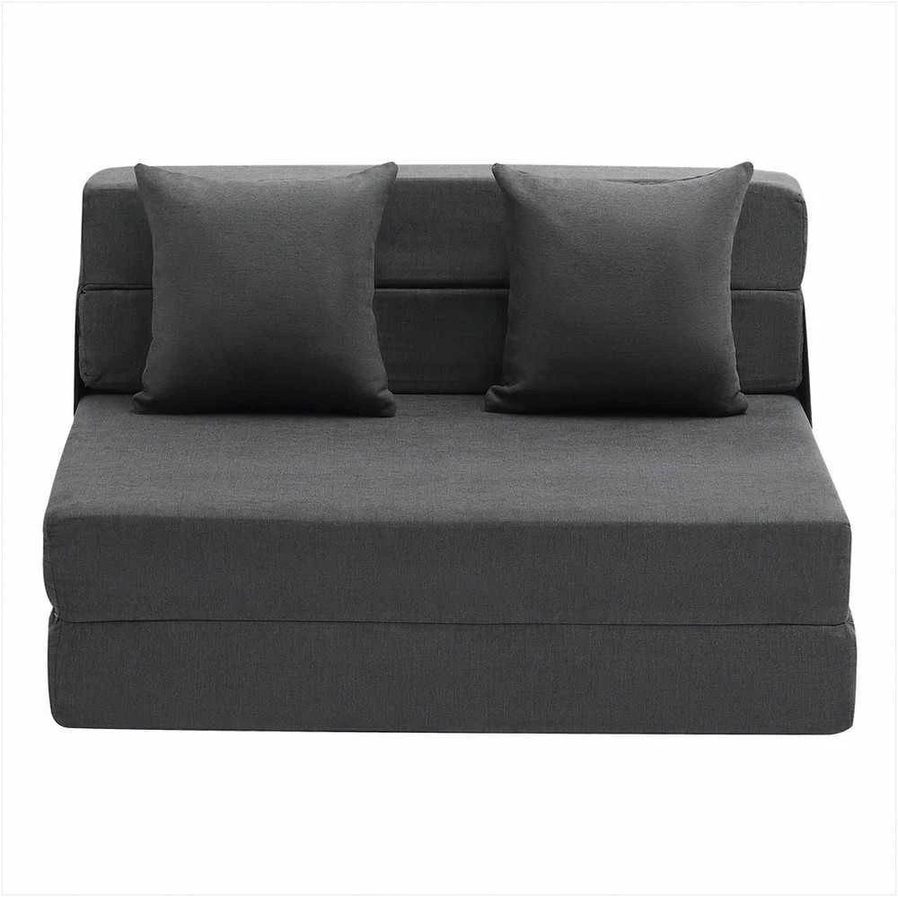 Sulankstoma sofa-lova, „trys viename“ transformuojamas miegamasis fotelis su 2 pagalvėmis ir plaunamu užvalkalu, 25D atminties putų futonas svetainei ir miegamajam, tamsiai pilka, svečių lova