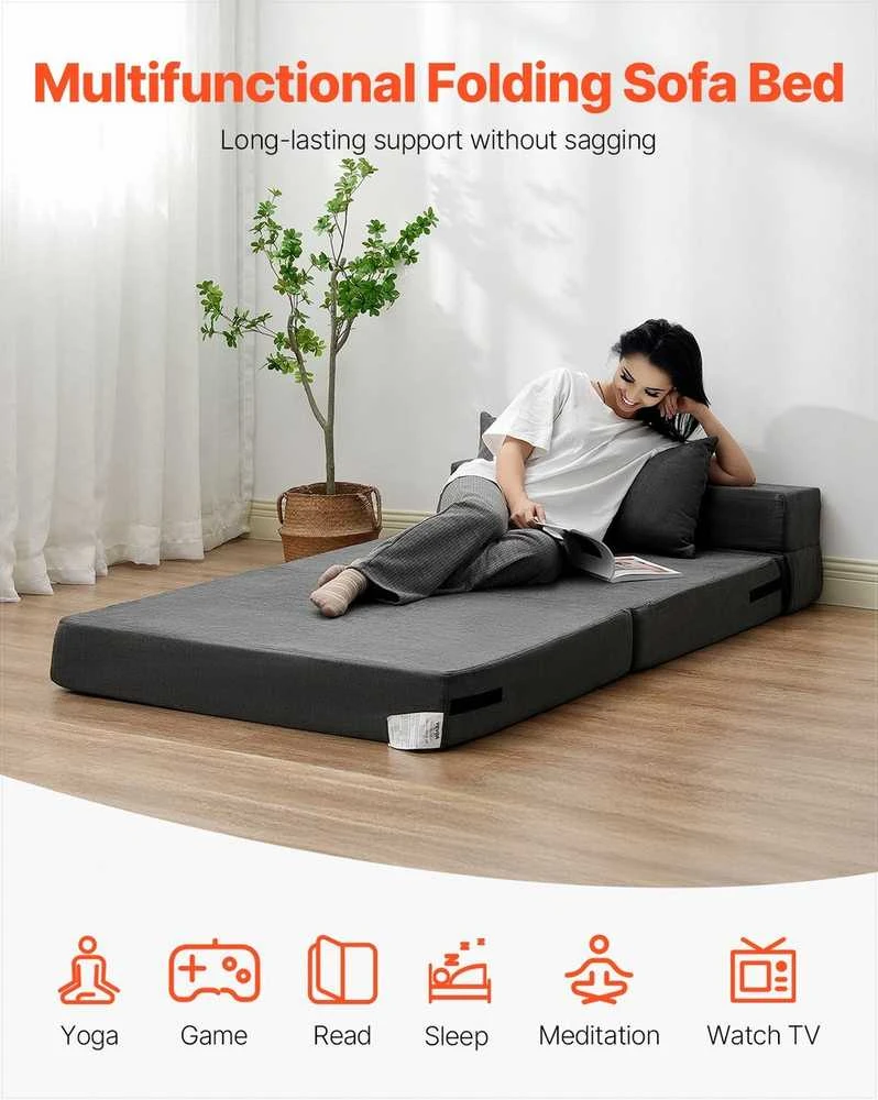Sulankstoma sofa-lova, „trys viename“ transformuojamas miegamasis fotelis su 2 pagalvėmis ir plaunamu užvalkalu, 25D atminties putų futonas svetainei ir miegamajam, tamsiai pilka, svečių lova