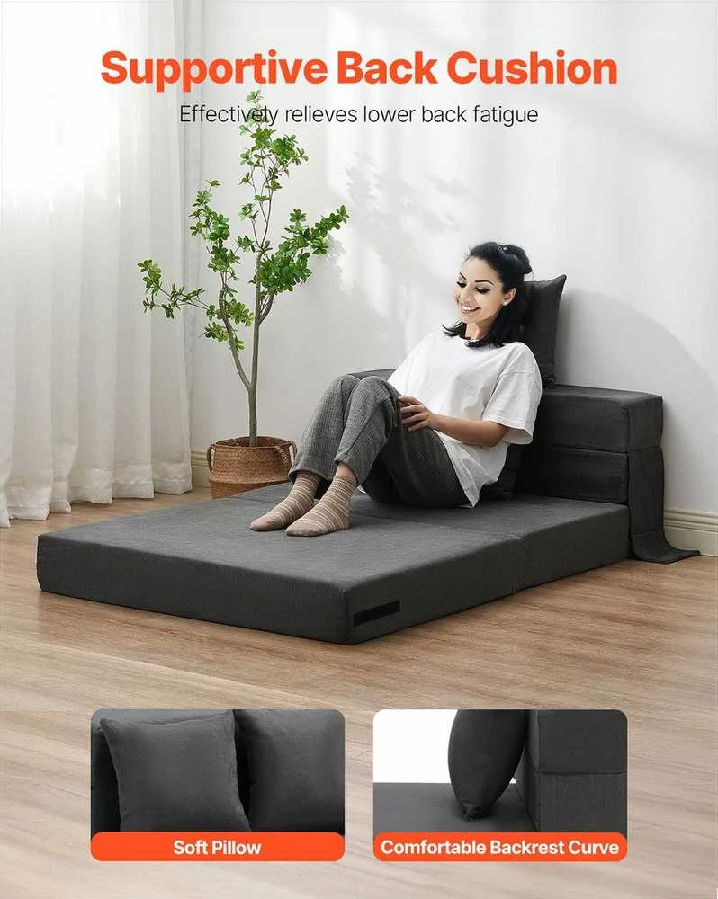 Sulankstoma sofa-lova, „trys viename“ transformuojamas miegamasis fotelis su 2 pagalvėmis ir plaunamu užvalkalu, 25D atminties putų futonas svetainei ir miegamajam, tamsiai pilka, svečių lova