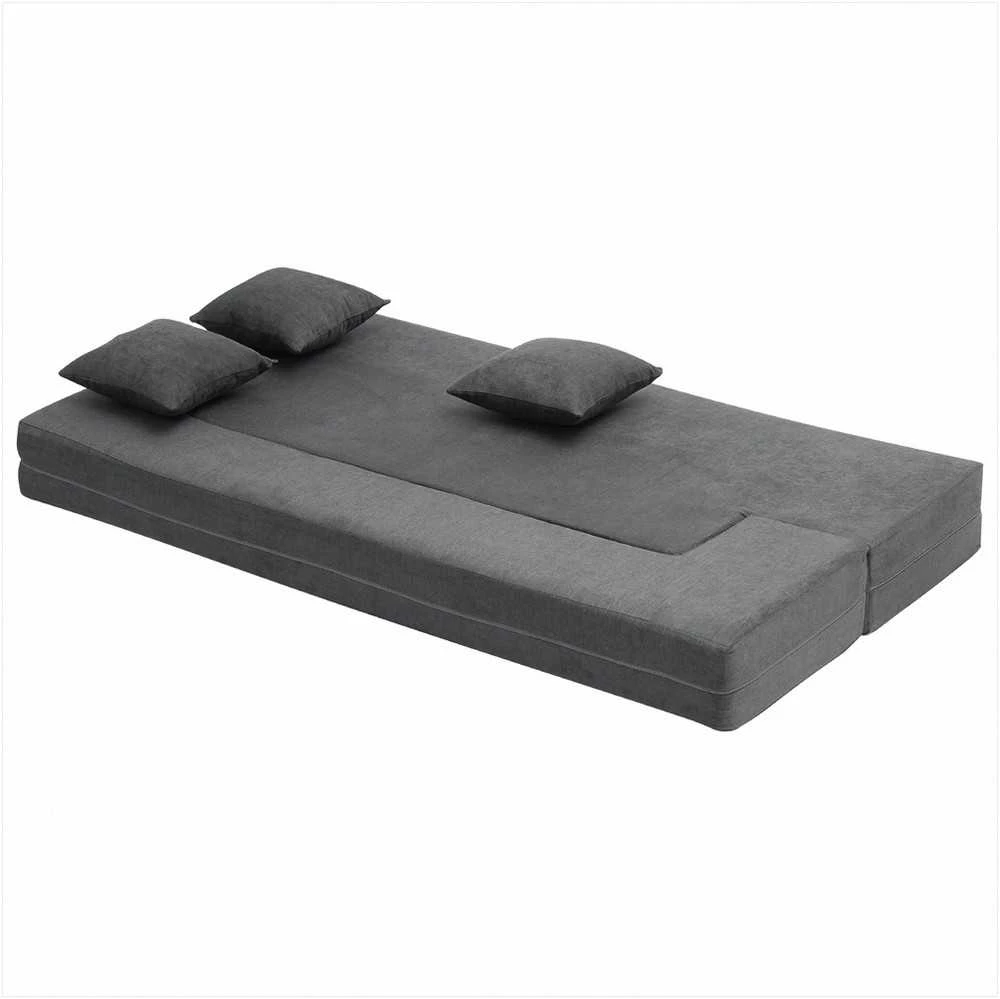 Sulankstoma sofos lova 3 viename, transformuojama sofa su 3 pagalvėmis ir plaunamu užvalkalu, atminties putų miegamasis fotelis, tamsiai pilka futono sofa, sulankstomas čiužinys svečiams