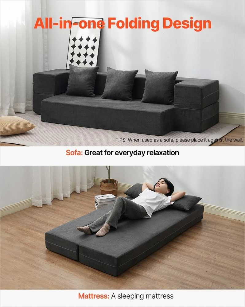 Sulankstoma sofos lova 3 viename, transformuojama sofa su 3 pagalvėmis ir plaunamu užvalkalu, atminties putų miegamasis fotelis, tamsiai pilka futono sofa, sulankstomas čiužinys svečiams