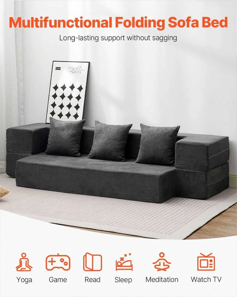 Sulankstoma sofos lova 3 viename, transformuojama sofa su 3 pagalvėmis ir plaunamu užvalkalu, atminties putų miegamasis fotelis, tamsiai pilka futono sofa, sulankstomas čiužinys svečiams