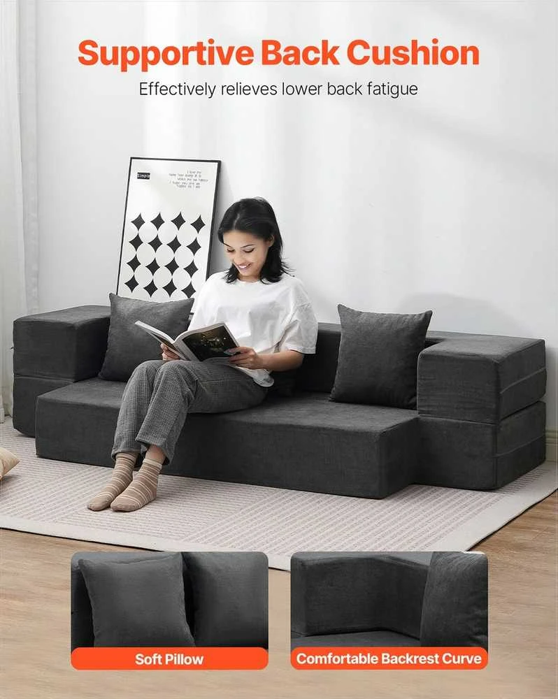 Sulankstoma sofos lova 3 viename, transformuojama sofa su 3 pagalvėmis ir plaunamu užvalkalu, atminties putų miegamasis fotelis, tamsiai pilka futono sofa, sulankstomas čiužinys svečiams