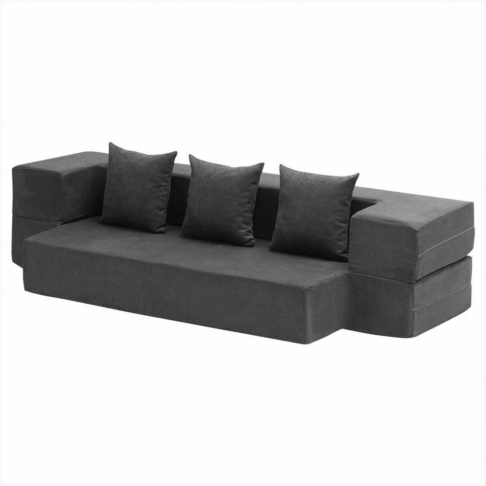 Sulankstoma sofos lova 3 viename, transformuojama sofa su 3 pagalvėmis ir plaunamu užvalkalu, atminties putų miegamasis fotelis, tamsiai pilka futono sofa, sulankstomas čiužinys svečiams
