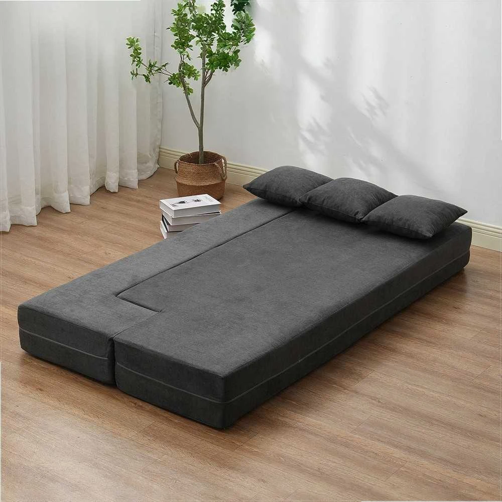 Sulankstoma sofos lova 3 viename, transformuojama sofa su 3 pagalvėmis ir plaunamu užvalkalu, atminties putų miegamasis fotelis, tamsiai pilka futono sofa, sulankstomas čiužinys svečiams