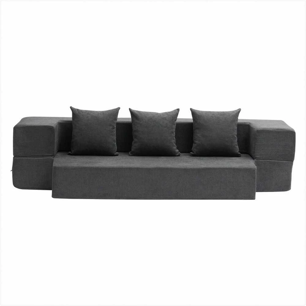 Sulankstoma sofos lova 3 viename, transformuojama sofa su 3 pagalvėmis ir plaunamu užvalkalu, atminties putų miegamasis fotelis, tamsiai pilka futono sofa, sulankstomas čiužinys svečiams