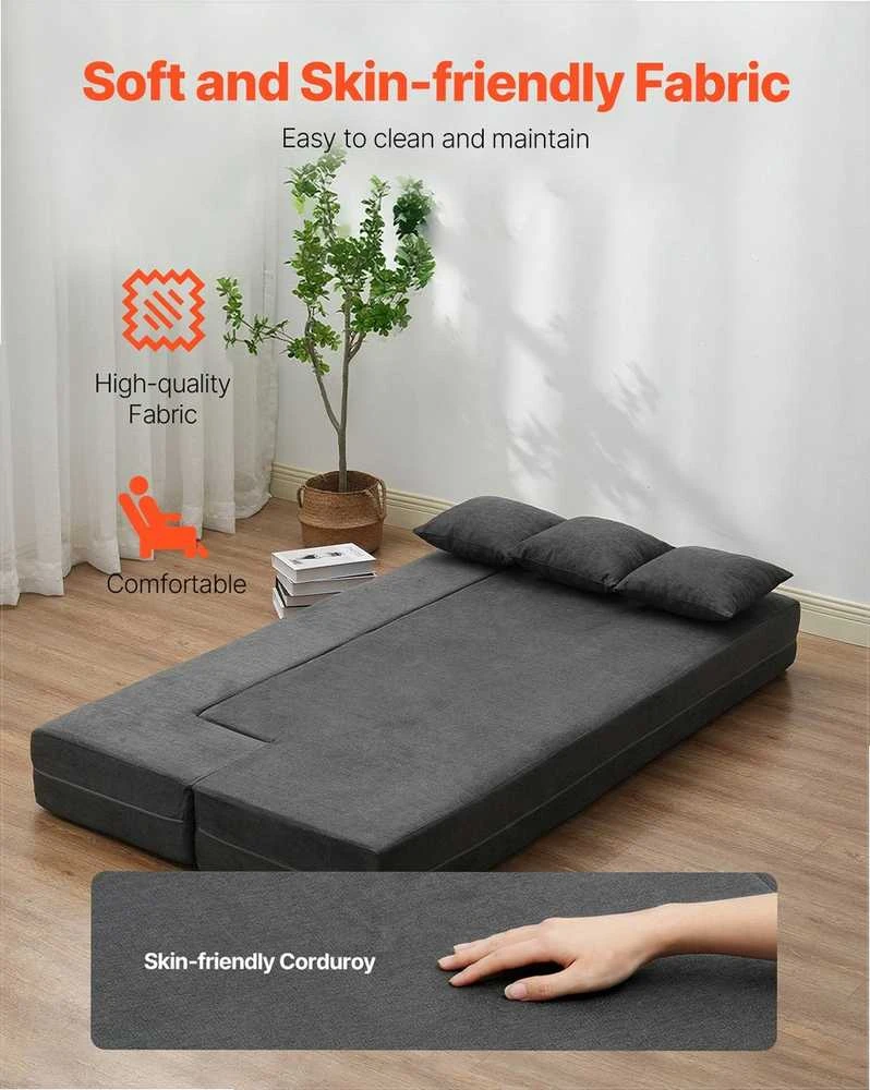 Sulankstoma sofos lova 3 viename, transformuojama sofa su 3 pagalvėmis ir plaunamu užvalkalu, atminties putų miegamasis fotelis, tamsiai pilka futono sofa, sulankstomas čiužinys svečiams
