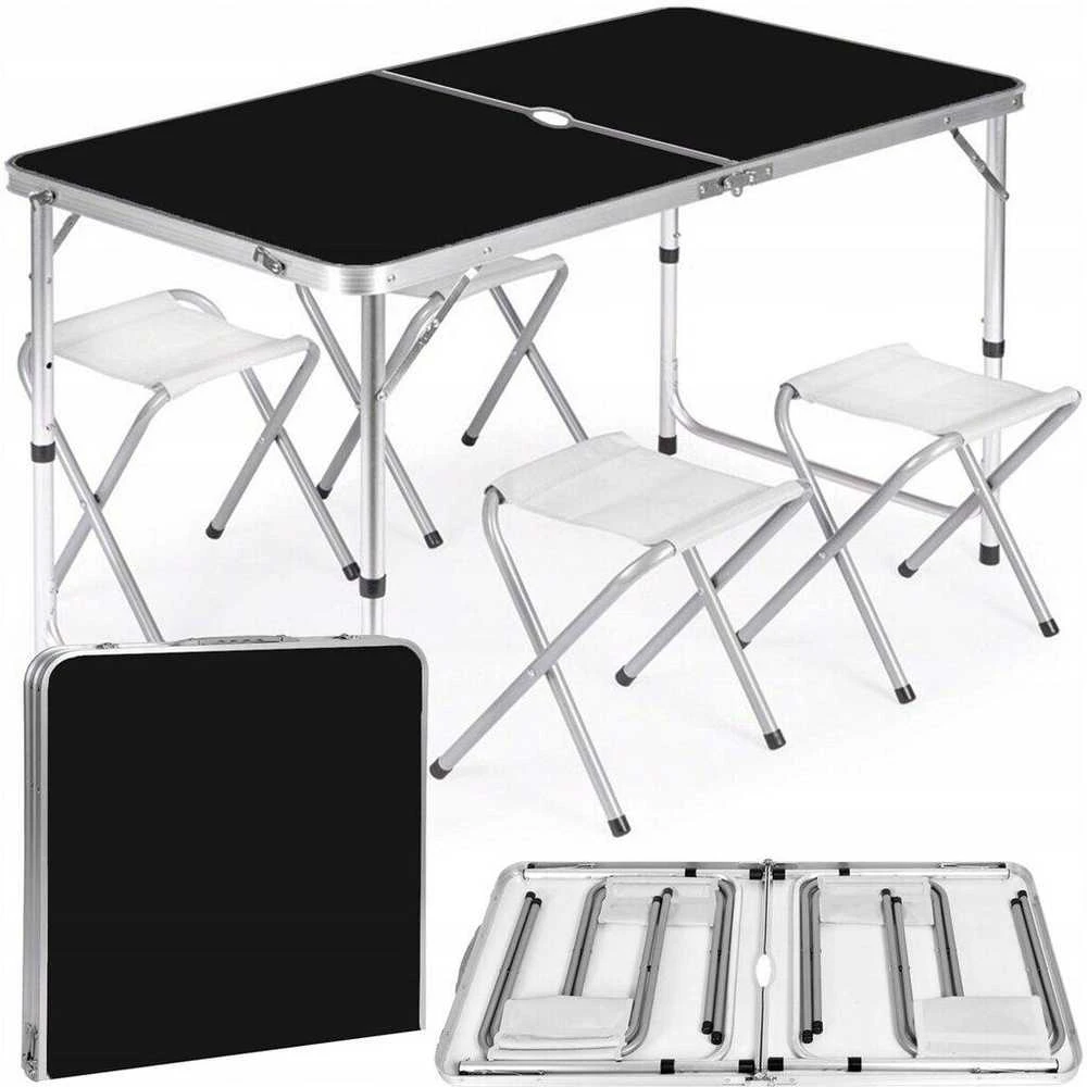 Sulankstomas kempingo stalas su kėdėmis Heckermann, 60 x 120 x 69.5 cm, juodas