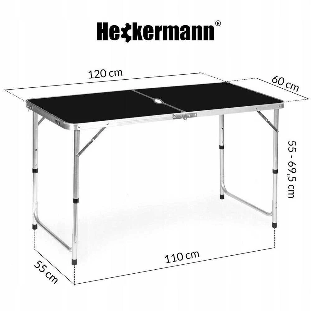 Sulankstomas kempingo stalas su kėdėmis Heckermann, 60 x 120 x 69.5 cm, juodas