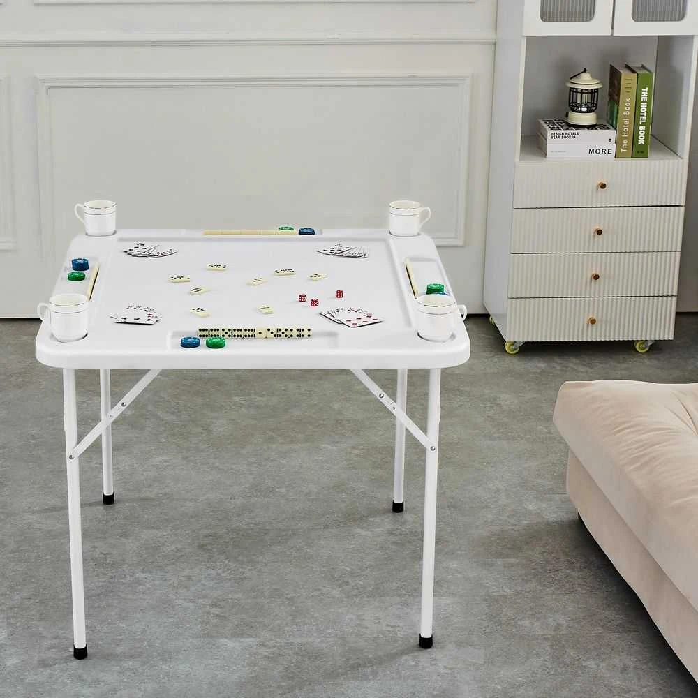 Sulankstomas Madžongo Stalas, 4 Žaidėjų Kortų Stalas, Nešiojamas Domino Stalas Dėlionėms, su Puodelių Laikikliais ir Žetonų Dėklais, 90x90cm Kvadratinis Stalas
