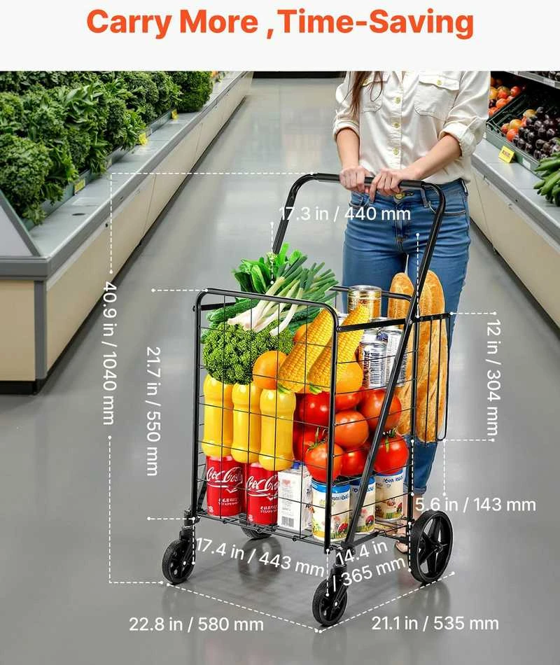 Sulankstomas pirkinių vežimėlis skalbiniams, didelis vežimėlis su 360° ratais, talpus, nešiojamas pirkinių vežimėlis maisto produktams