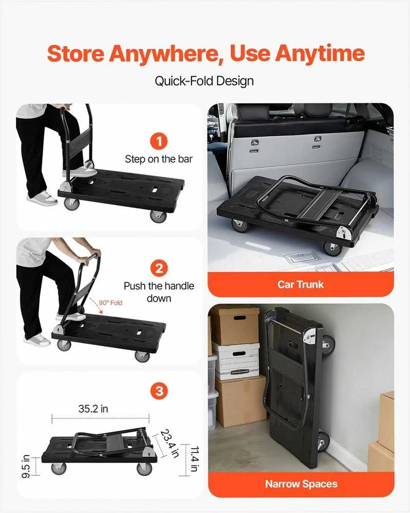 Sulankstomas platforminis vežimėlis su pasukamais ratukais, 453.59 kg keliamoji galia, 895 x 595 x 850 mm, rankinis krovinių transportavimo vežimėlis prekėms