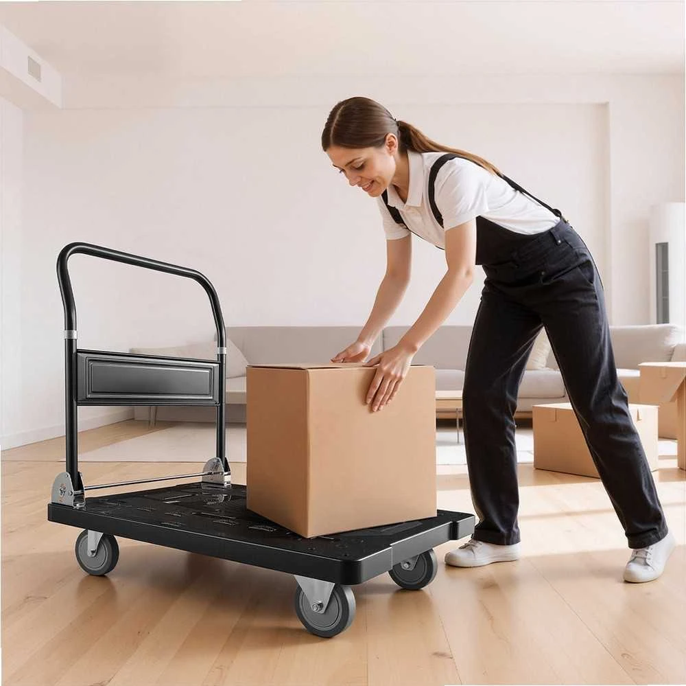 Sulankstomas platforminis vežimėlis su pasukamais ratukais, 453.59 kg keliamoji galia, 895 x 595 x 850 mm, rankinis krovinių transportavimo vežimėlis prekėms