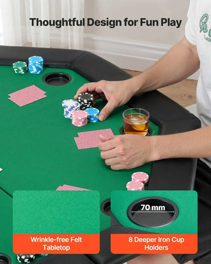 Sulankstomas pokerio stalas 8 žaidėjams, kazino, Texas Holdem, nešiojamas, 1260 mm, kortų žaidimams