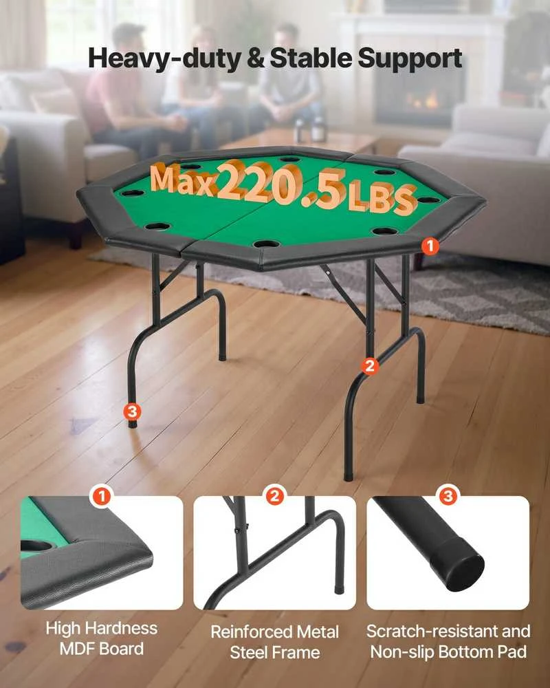 Sulankstomas pokerio stalas 8 žaidėjams, kazino, Texas Holdem, nešiojamas, 1260 mm, kortų žaidimams