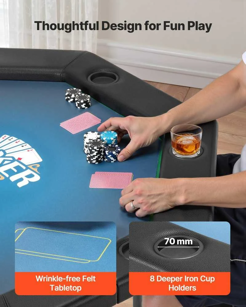 Sulankstomas pokerio stalas 8 žaidėjams, su puodelių laikikliais, aštuonkampis kazino žaidimų stalas, nešiojamas veltinio Texas Hold'em stalas