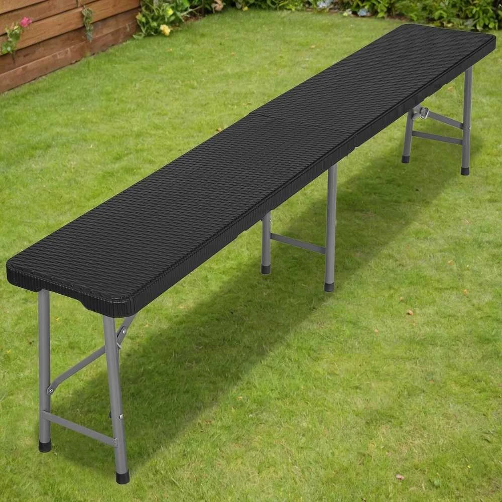 Sulankstomas sodo suolas iš rotango, 180 cm, juodas, lauko suolas, pikniko suolas, sulankstoma kėdė