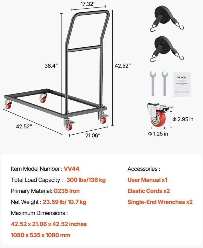 Sulankstomų kėdžių vežimėlis 25 kėdėms, 136 kg, L formos vertikalus kėdžių stovas, sulankstomų kėdžių vežimas