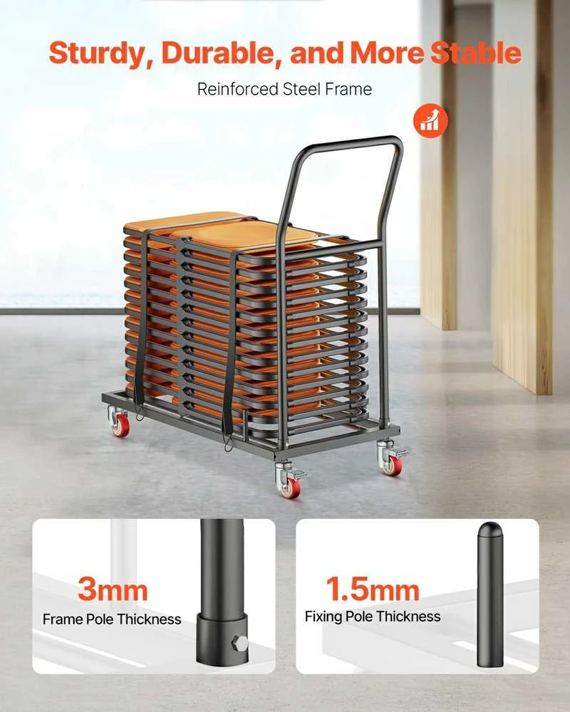 Sulankstomų kėdžių vežimėlis 25 kėdėms, 136 kg, L formos horizontalus kėdžių vežimėlis, sulankstomų kėdžių stovas