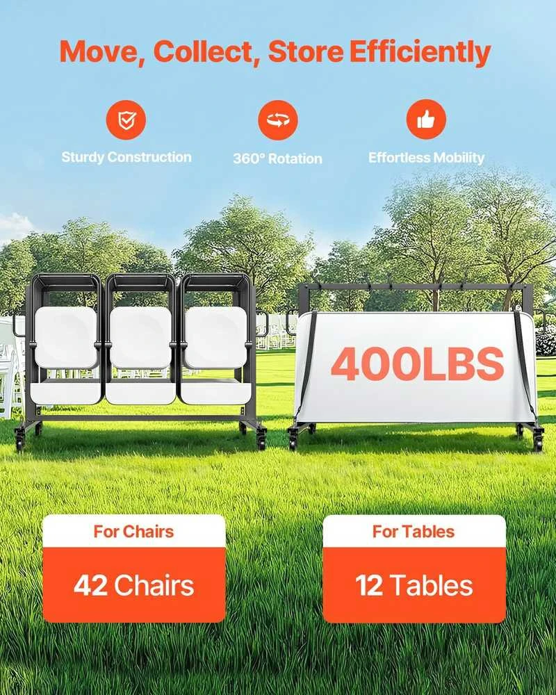 Sulankstomų kėdžių vežimėlis 42 kėdėms arba 12 stalams, su stabdžiais, tvirtas, skirtas kėdžių ir stalų transportavimui