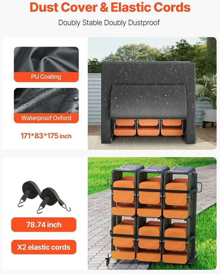 Sulankstomų kėdžių vežimėlis 84 kėdėms, 12 stalams, 363 kg, dviejų aukštų, kėdžių transportavimo vežimėlis, mobilus stovas