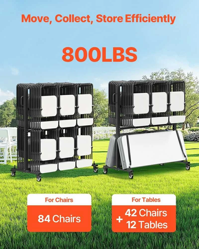 Sulankstomų kėdžių vežimėlis 84 kėdėms, 12 stalams, 363 kg, dviejų aukštų, kėdžių transportavimo vežimėlis, mobilus stovas