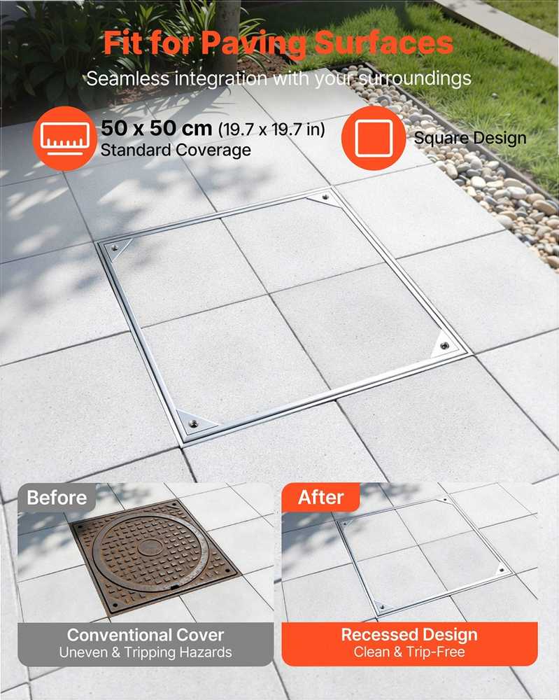 Šulinio dangtis su rėmu, nematomas įleidžiamas septiko prieigos dangtis, aliuminio lydinio įleidžiamas drenažo kanalo apžiūros dangtis, 500 x 500 mm, šaligatviams sodams terasoms, kanalizacijos dangtis