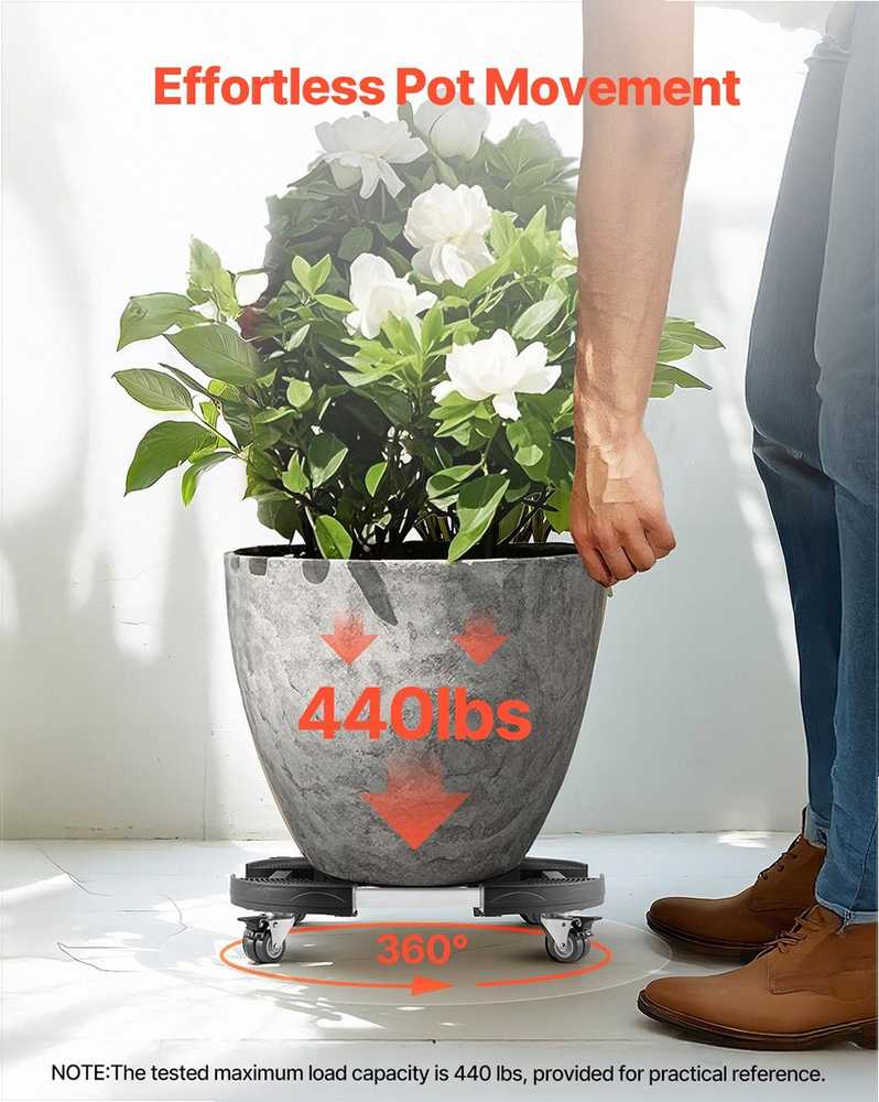 Sunkiam svoriui pritaikytas šiukšliadėžių vežimėlis augalams ir konteineriams, reguliuojamas aukštis, užrakinami ratukai, 181.4kg galia, juodas riedantis stovas