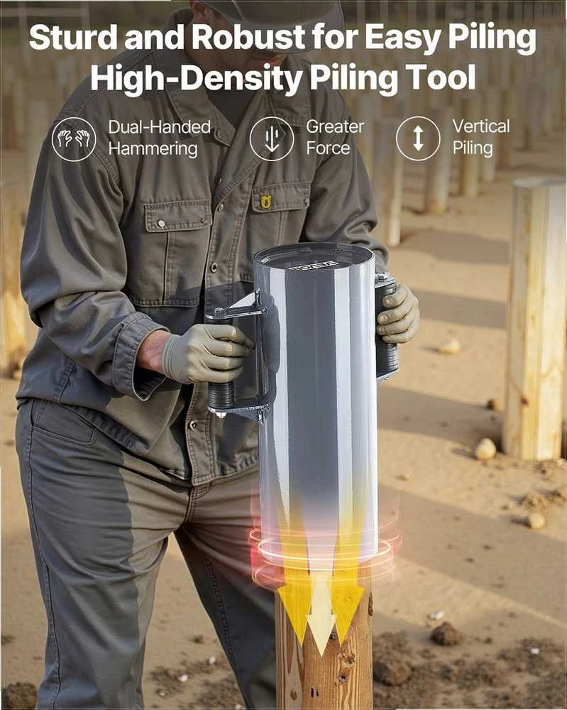 Sunkioji rankinė tvoros stulpų kalyklė, metalinis T formos stulpų muštuvas su ergonomiškomis rankenomis, tinka stulpams iki 155 mm, plieno polių kalimo įrankis ūkiui ir sodui